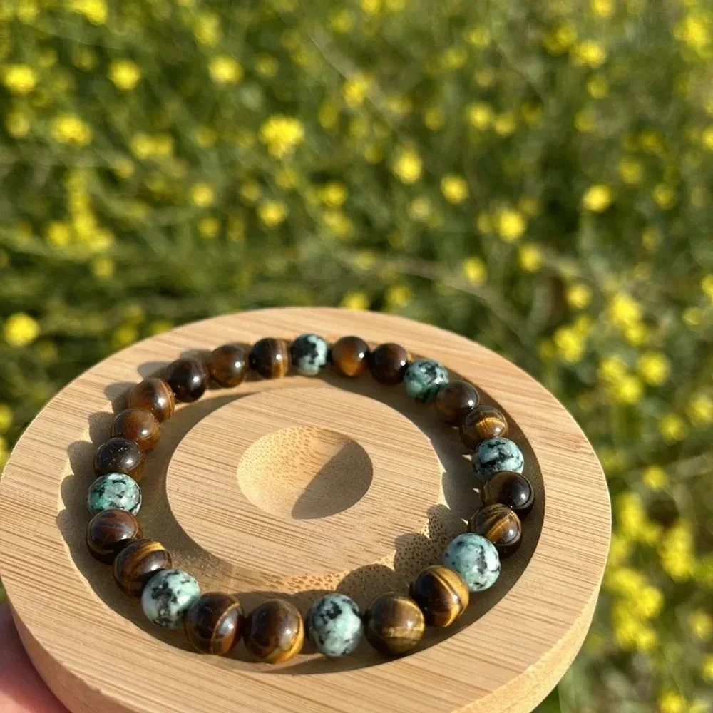 Handmade Unisex African turquoise + tigers eye beaded bracelet - Picture 3 of 4